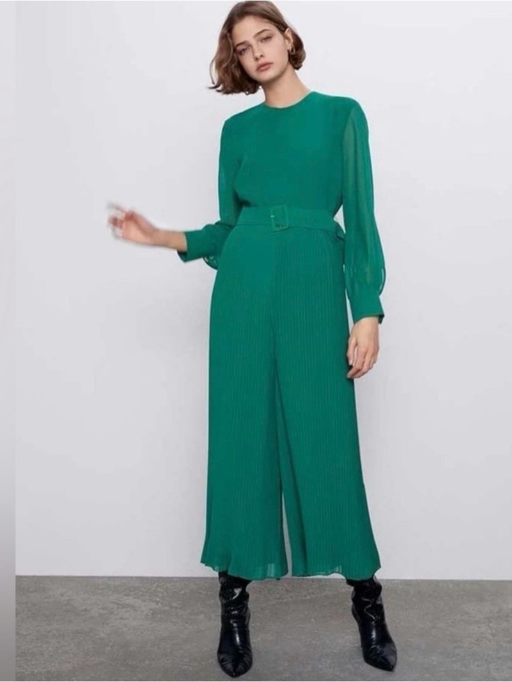ZARA Pleated Wide Leg Long Sleeve Belted Jumpsuit Green Sz S NWT